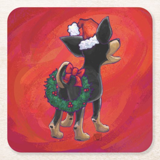 Chihuahua Kerstmis op rood Vierkante Kartonnen Onderzetter (Voorkant)