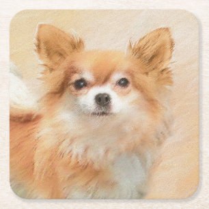 Chihuahua langharige hond schilderij originele kun vierkante kartonnen onderzetter