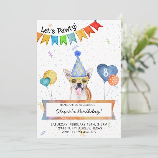 Chihuahua Lets Pawty Dog Birthday Party Kaart (Staand voorkant)