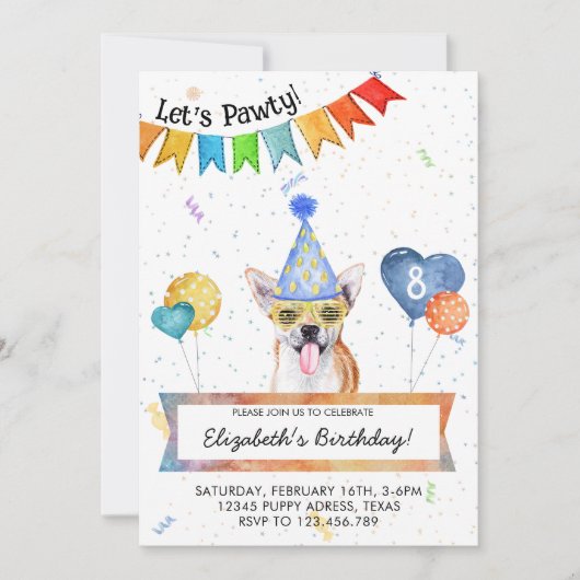 Chihuahua Lets Pawty Dog Birthday Party Kaart (Voorkant)