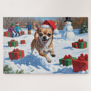Chihuahua loopt in de sneeuw met kerstmuts legpuzzel