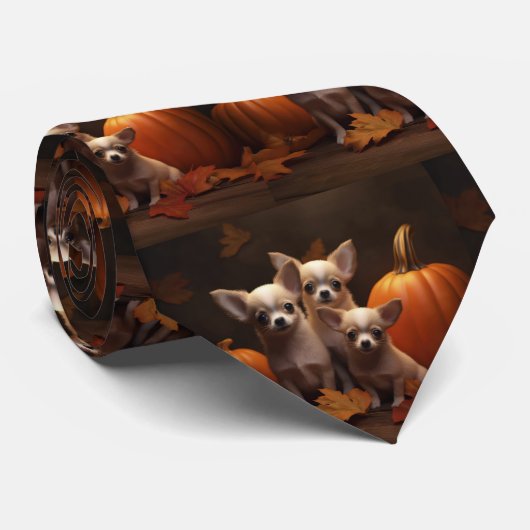 Chihuahua Puppy Herfst Delight Pompoen Stropdas (Opgerold)