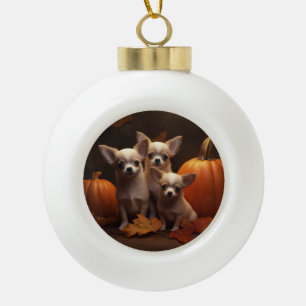 Chihuahua Puppy Herfst Plezier Pompoen Keramische Bal Ornament