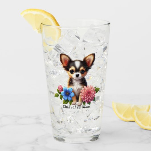 Chihuahua puppy met decoratieve bloemen glas (Voorkant ijs)