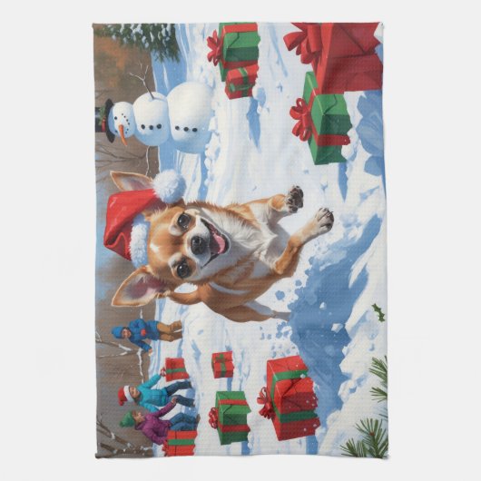 Chihuahua rent in de sneeuw met kerst Pet Theedoek (Verticaal)