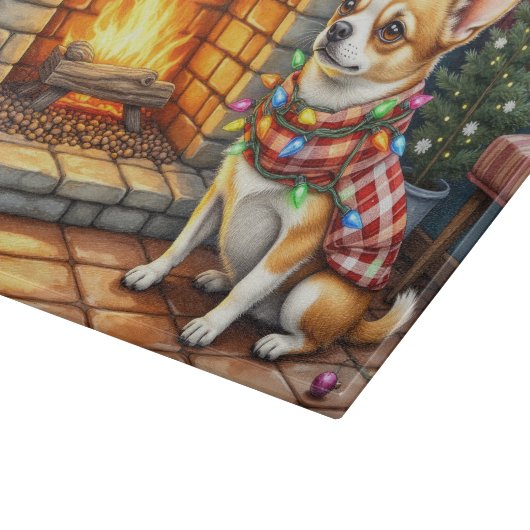 Chihuahua Sitting Fireplace with Christmas Lights Snijplank (Hoek)