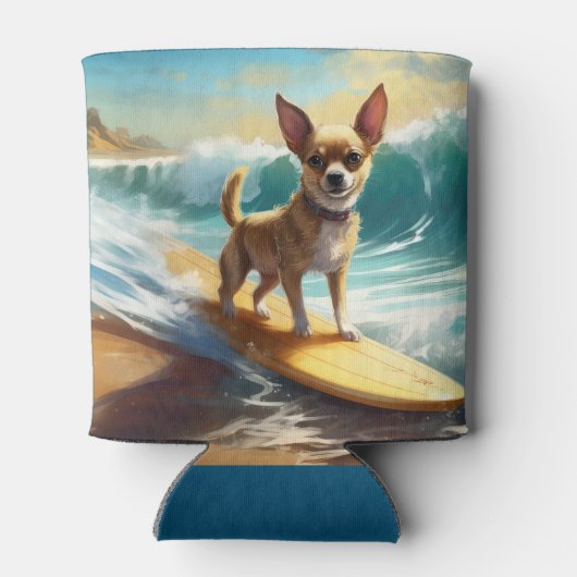 Chihuahua strand surfen schilderij blikjeskoeler (Achterkant)