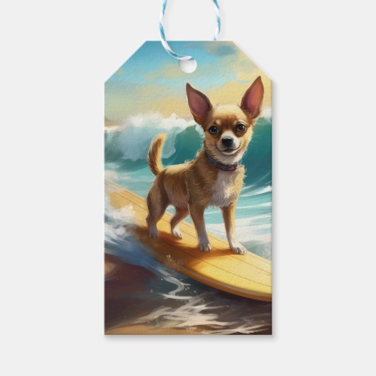 Chihuahua strand surfen schilderij cadeaulabel (Voorkant)