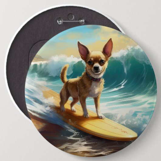 Chihuahua strand surfen schilderij ronde button 6,0 cm (Voorkant /achterkant)