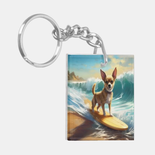 Chihuahua strand surfen schilderij sleutelhanger (Voorkant Links)