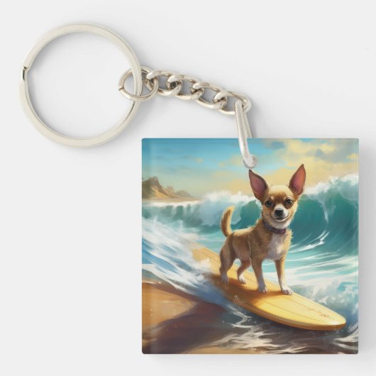 Chihuahua strand surfen schilderij sleutelhanger (Voorkant)
