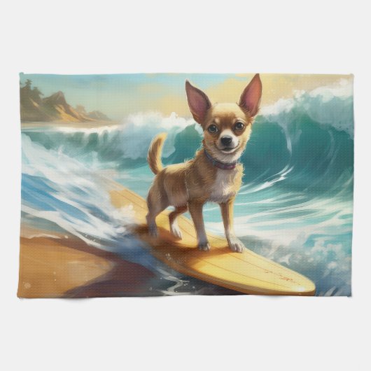Chihuahua strand surfen schilderij theedoek (Horizontaal)