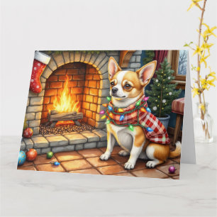 Chihuahua zittend bij open haard met kerstverlicht kaart