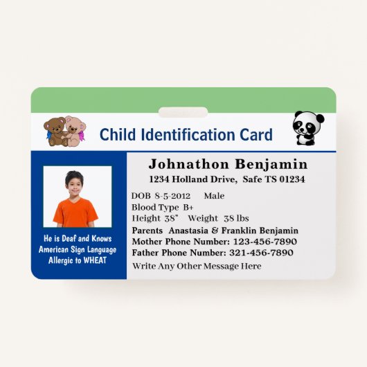 Child Boy Girl ID Identification Card Personaliser Badge (Voorkant)