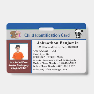 Child Boy Girl ID Identification Personalize Card Badge