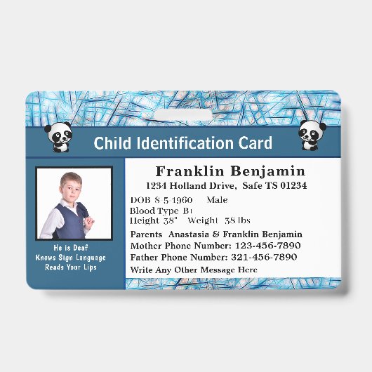 Child Boy Girl ID Identification Personalize Card Badge (Front)