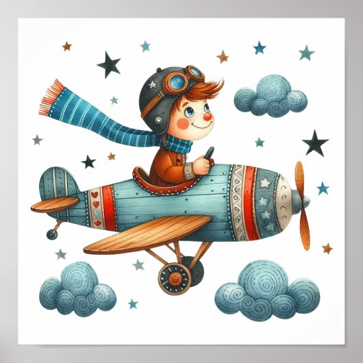 Child Flying Propeller Vliegtuig Whimsical Nursery Poster (Voorkant)