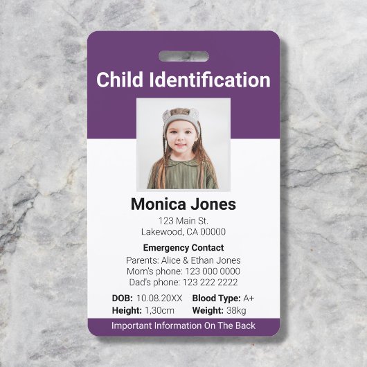 Child Identification Photo Paars Badge