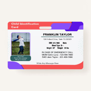 Child Photo Emergency ID Identification Kaart Badg Badge