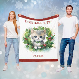 Child's Christmas Blanket With Kitten and Name  Fleece Deken