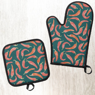 Chili Pepper Red Blauwgroen Groene Waterverf Kunst Ovenwant & Pannenlap Set