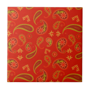 Chili Pepper Red en Lime Green Paisley Pattern Tegeltje