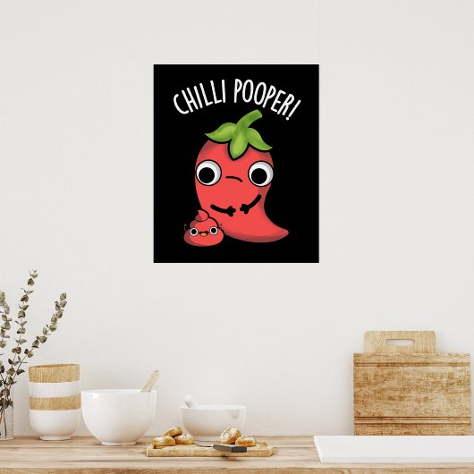 Chili Poooper Funny Pepper Pun Dark BG Poster (Keuken)
