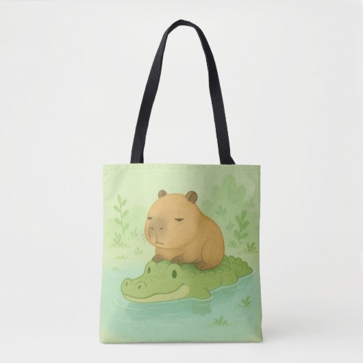 Chill Brown Capybara over groene krokodil in natuu Draagtas (Voorkant)
