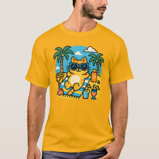 Chill Cat Beach Day Cartoon T-Shirt-Fun Summer Tee T-shirt