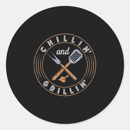 Chillin en Grillin Grappig Barbeque Gegrilde BBQ L Ronde Sticker (Voorkant)