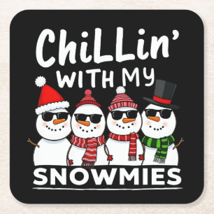 Chillin met mijn Snowmies Funny Snowman Kerstmis Vierkante Kartonnen Onderzetter