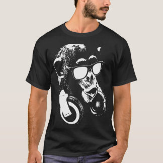 Chimp-aap met hoofdtelefoon en zonnebrillen t-shirt