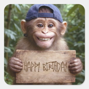 Chimpansee met een Gelukkig Verjaardag Bord Vierkante Sticker