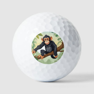 Chimpansee met haar schattige staart op de tak beg golfballen