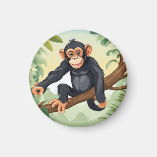 Chimpansee met haar schattige staart op de tak beg magneet