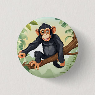 Chimpansee met haar schattige staart op de tak beg ronde button 3,2 cm