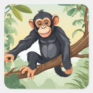 Chimpansee met haar schattige staart op de tak beg vierkante sticker