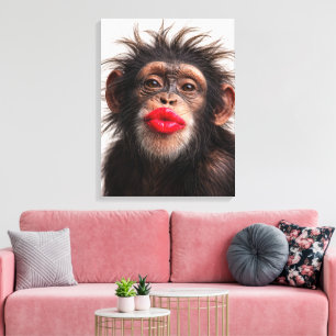 Chimpansee met rode lippenstift canvas afdruk