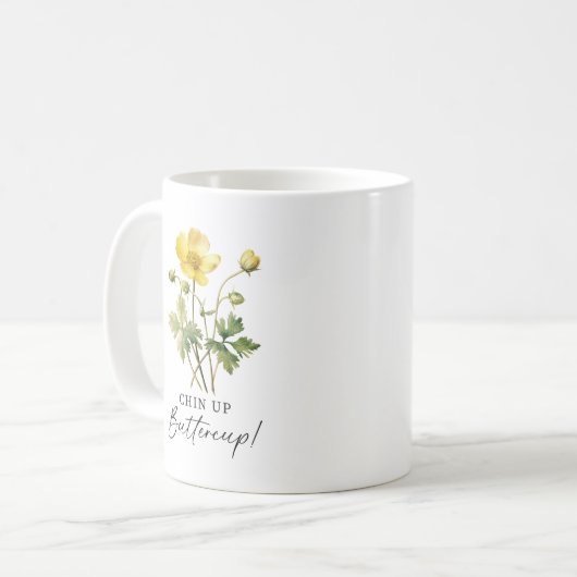 Chin Up Buttercup Geel Bloemen Custom Monogram Koffiemok (Voorkant links)