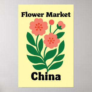 China Bloemenmarkt Koraal Pioen en Groene Blad Poster