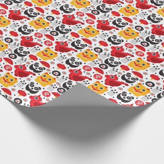 China boft kat, draak en panda cadeaupapier (Hoek)