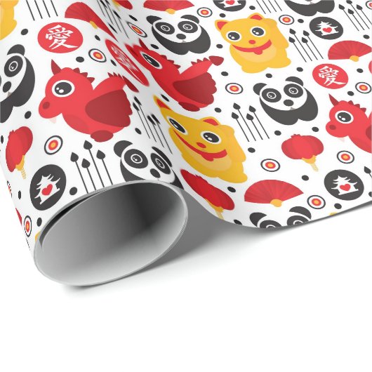 China boft kat, draak en panda cadeaupapier (Rol Hoek)