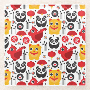 China boft kat, draak en panda glazen onderzetter
