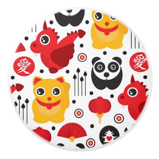 China boft kat, draak en panda keramische knop (Voorkant)