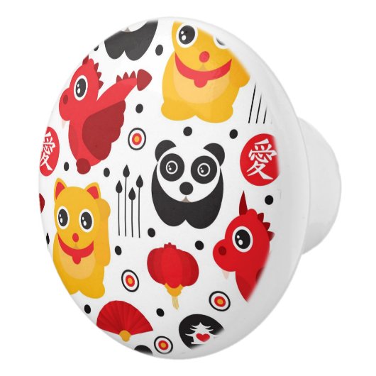 China boft kat, draak en panda keramische knop (Rechts)