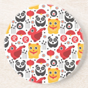 China boft kat, draak en panda zandsteen onderzetter