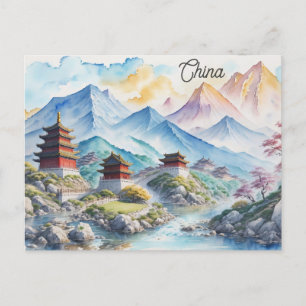 China Chinese Pagode Mountain Waterverf Reizen Briefkaart