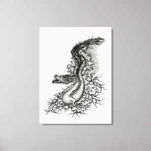 China Dragon, Black and White Design in Tattoostyl Canvas Afdruk