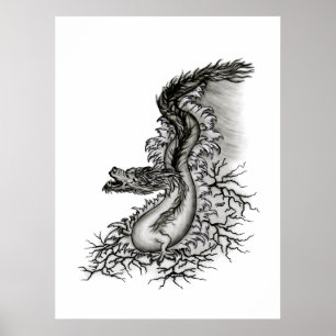 China Dragon, Black and White Design in Tattoostyl Poster