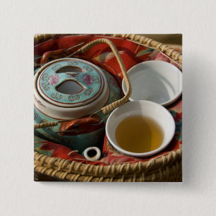 China, Hong Kong. Traditionele Chinese theepot & 3 Vierkante Button 5,1 Cm